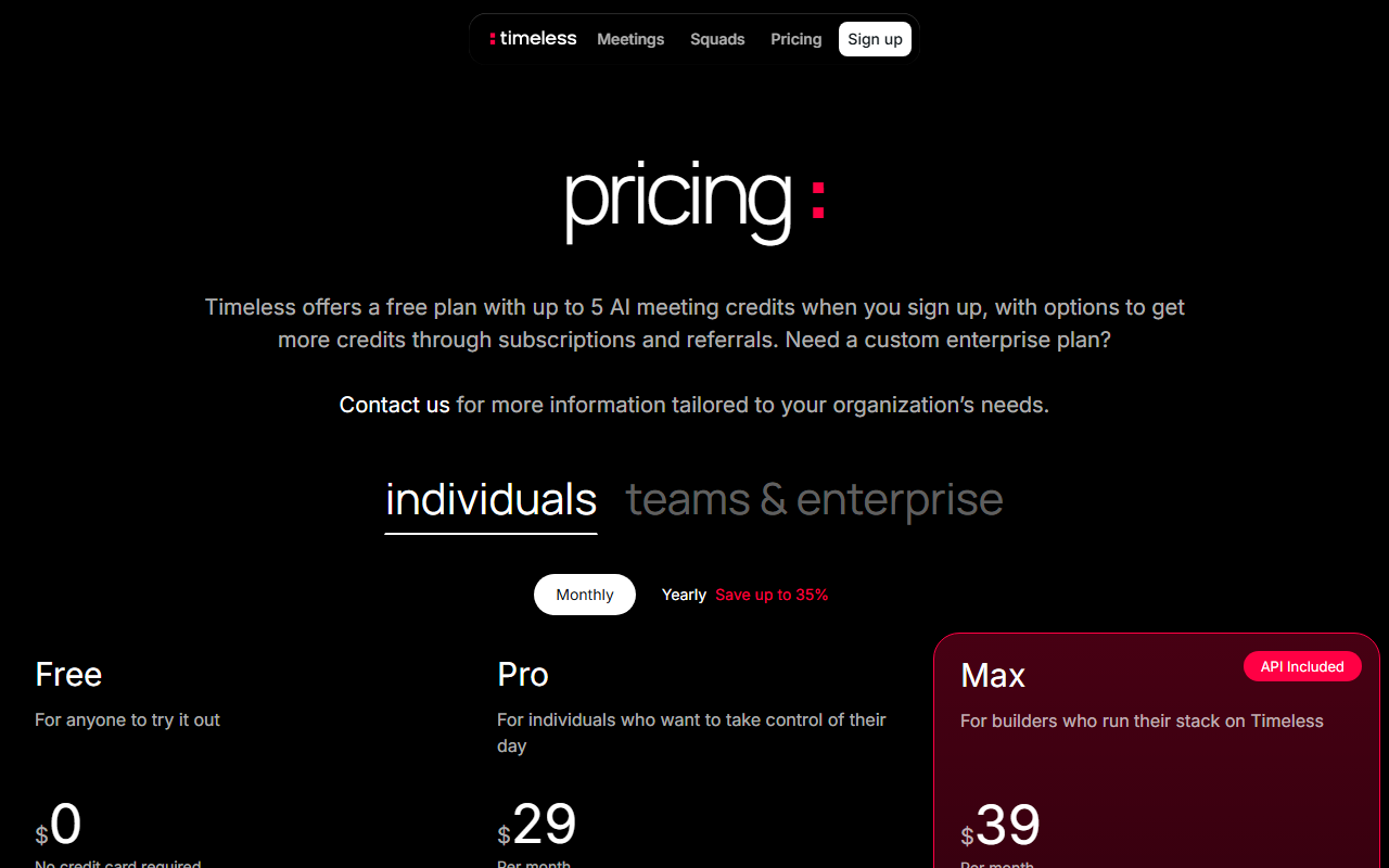 Timeless's pricing page showing Free at $0, Pro at $29 per month and Max at $39 per month under individual monthly billing