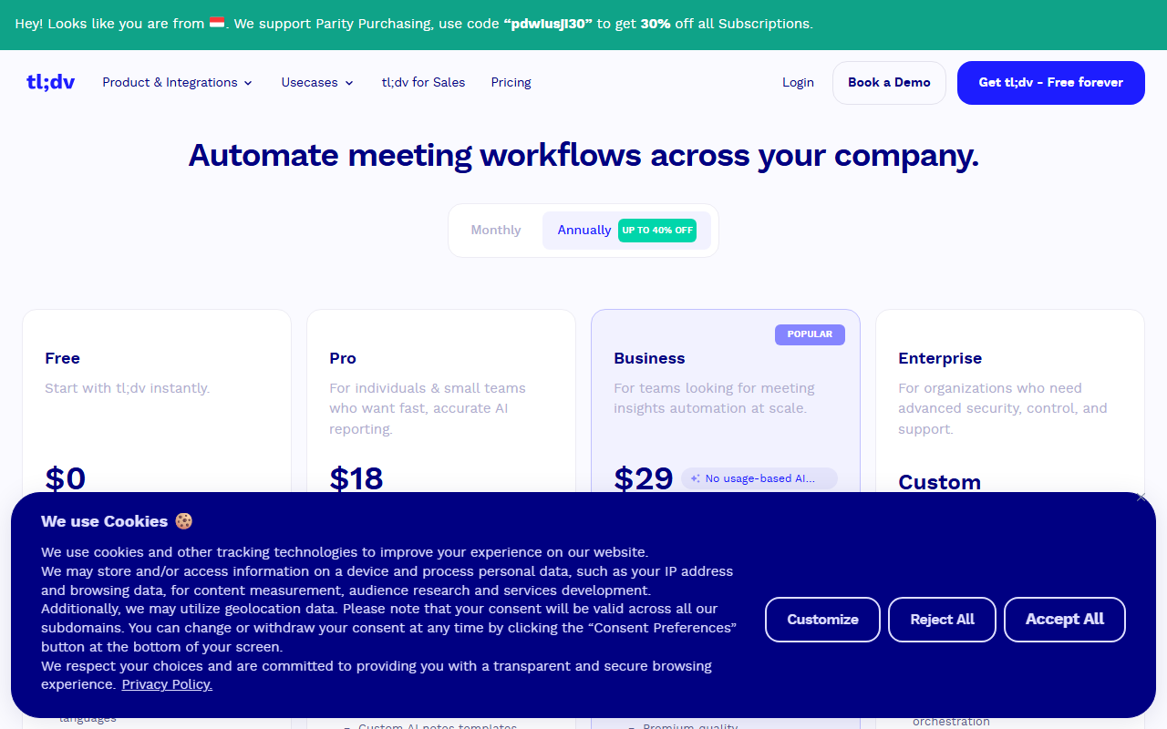 tl;dv's pricing page showing Free, Pro at $18, Business at $29 and Enterprise marked custom, under the Annually billing toggle
