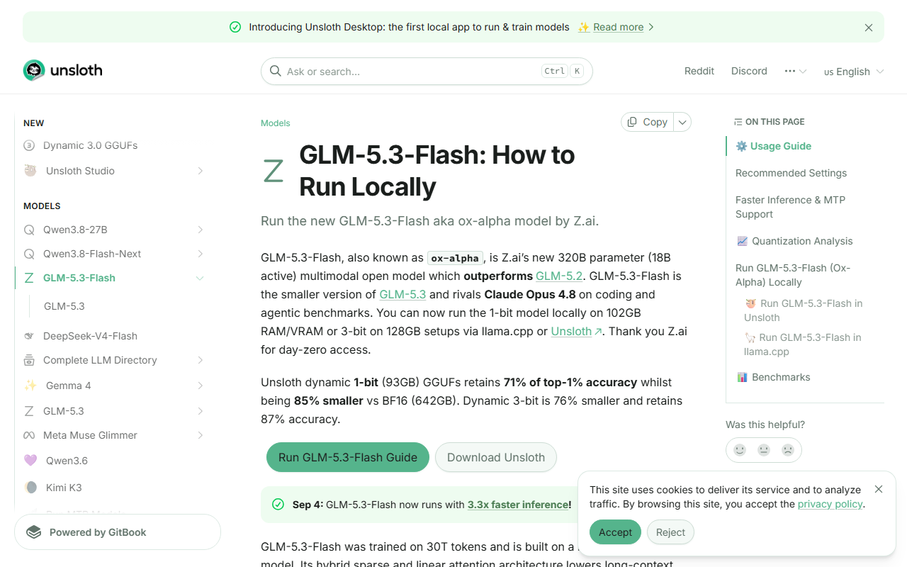 Unsloth's local-hosting documentation for GLM-5.3-Flash, showing quantization levels against the RAM they need to run