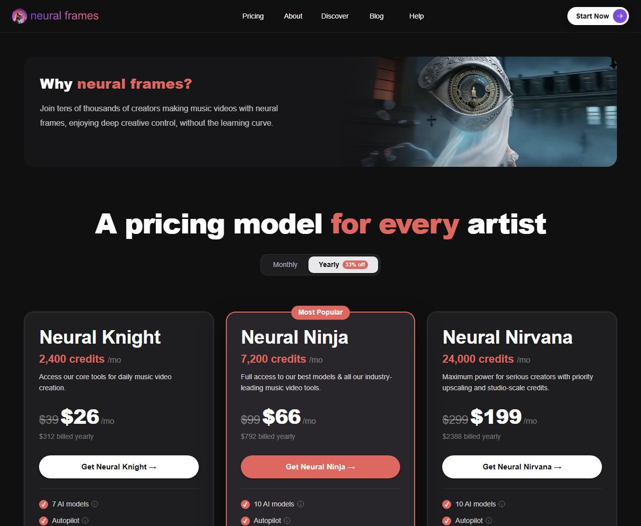 Neural Frames pricing page showing Neural Knight at $26 a month, Neural Ninja at $66 and Neural Nirvana at $199 with yearly billing