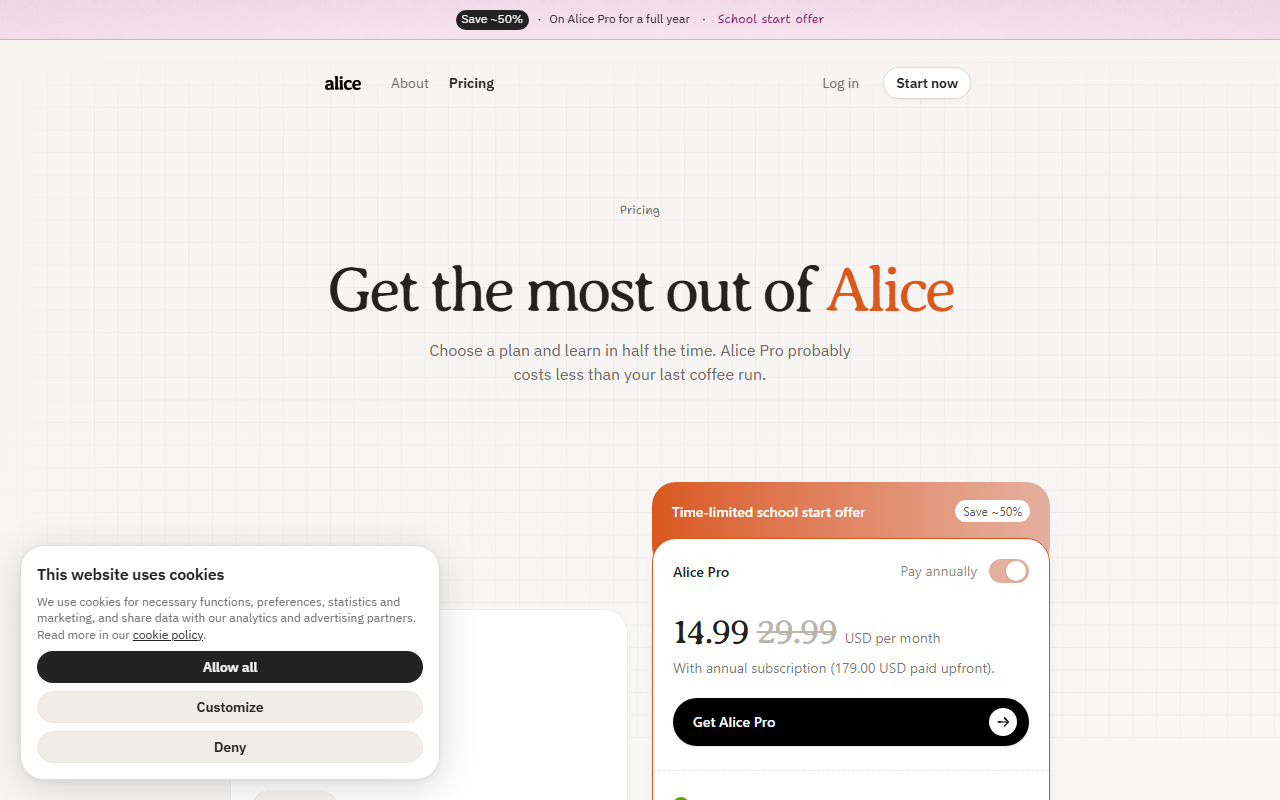 Alice's pricing page showing Alice Pro discounted to $14.99 a month, marked down from $29.99, with $179.00 charged upfront for the year