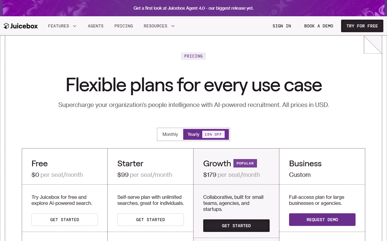 Juicebox's pricing page showing four tiers: Free at $0, Starter at $99, Growth at $179 with a Popular badge, and Business at custom pricing, all billed annually with a 15% off toggle