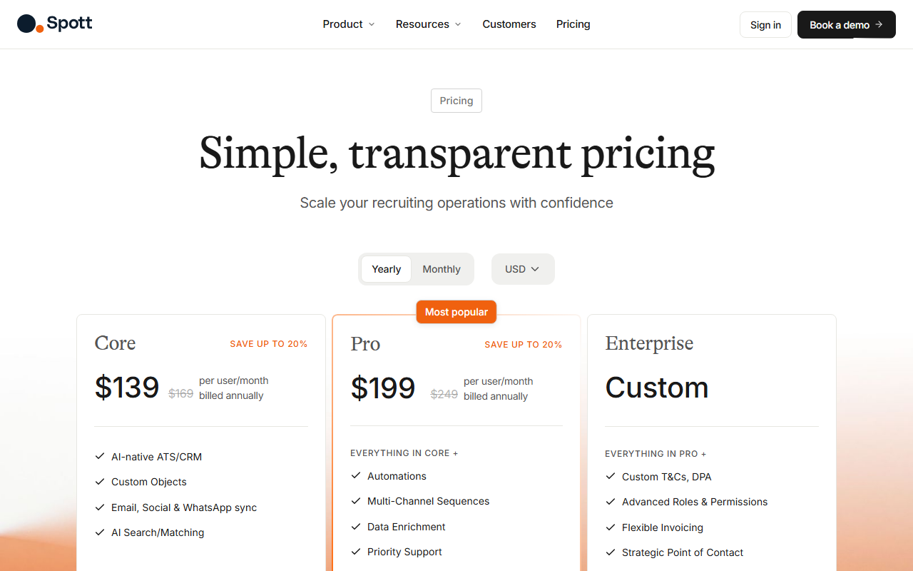 Spott's pricing page showing three tiers: Core at $139 with $169 crossed out, Pro at $199 with $249 crossed out marked Most Popular, and Enterprise at custom pricing, billed annually