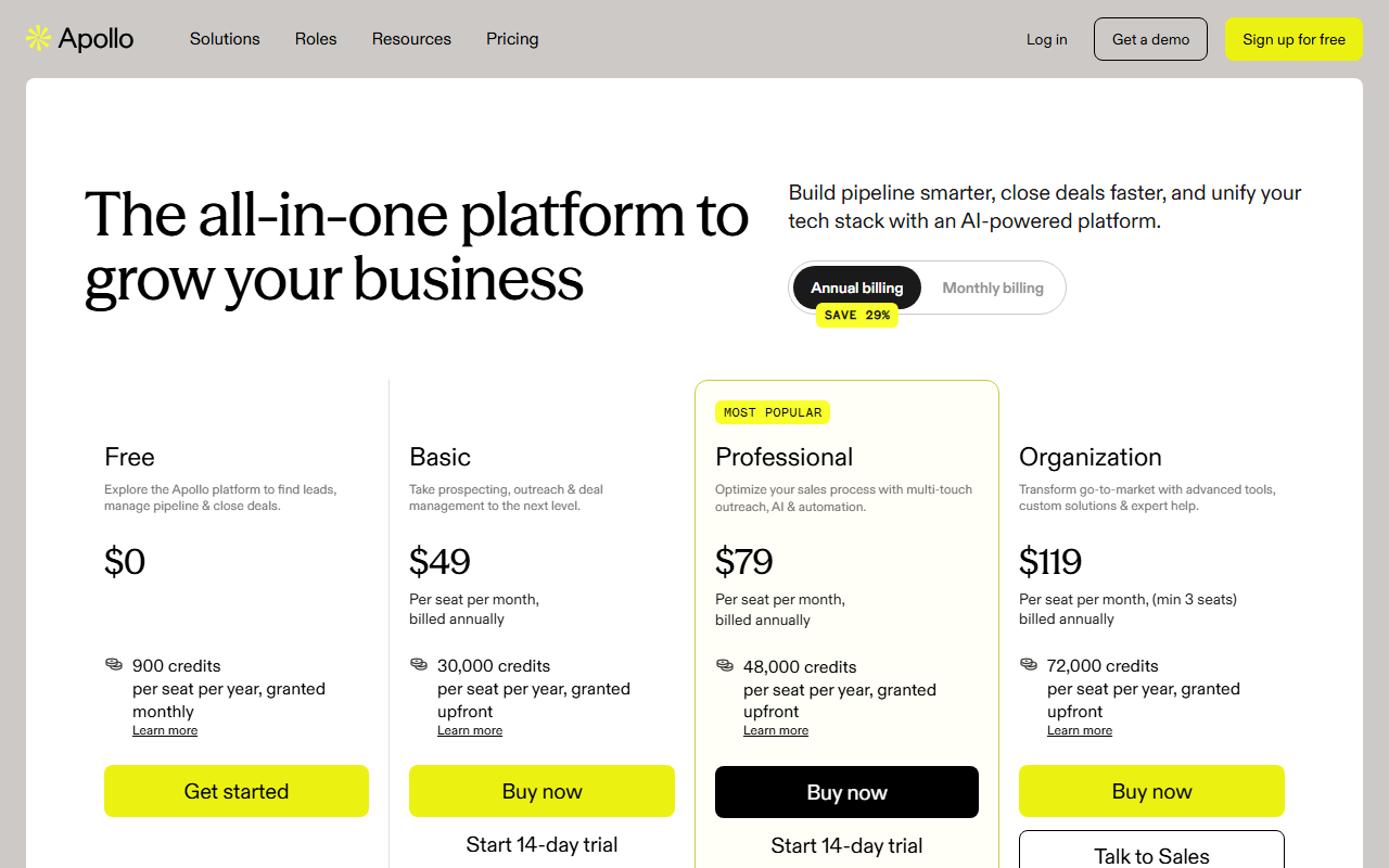 Apollo's pricing page showing four tiers: Free, Basic at $49/mo, Professional at $79/mo marked Most Popular, and Organization at $119/mo with a three-seat minimum