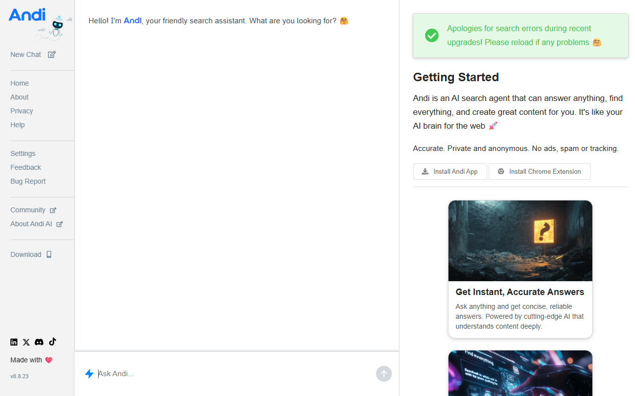 Andi Search's chat interface with its "Accurate. Private and anonymous. No ads, spam or tracking." tagline visible on the homepage