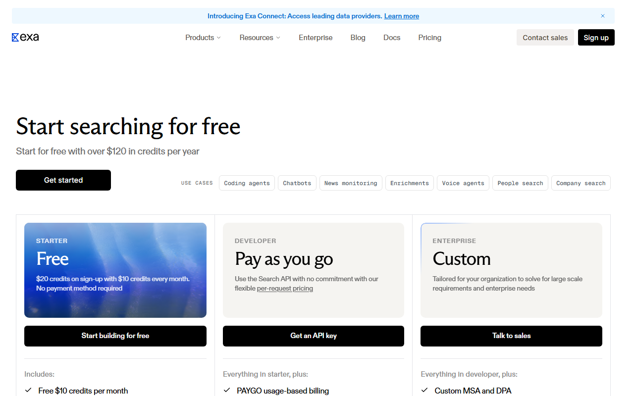 Exa's pricing page showing the free Starter tier with $20 signup credit and $10 monthly credits, the pay-as-you-go Developer tier, and the custom Enterprise tier