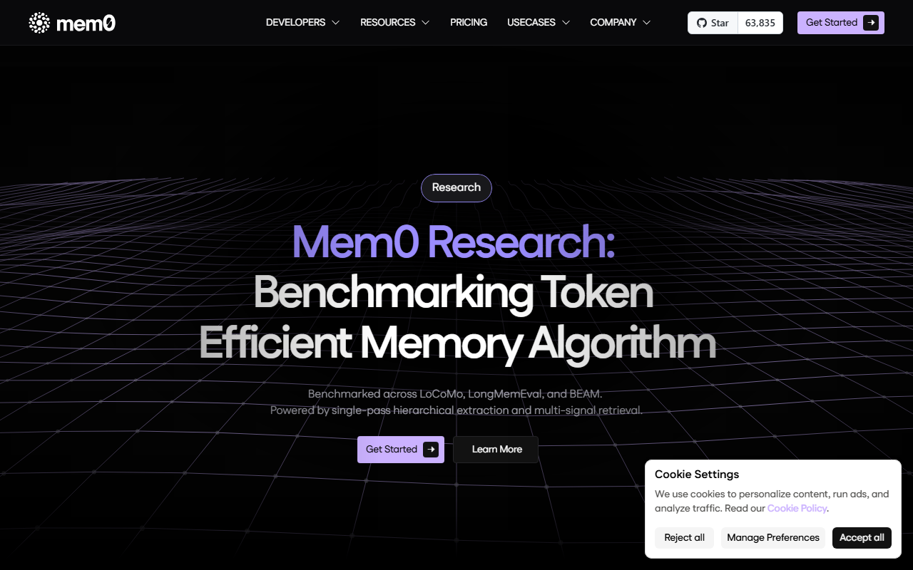 Mem0's research page headlined "Benchmarking Token-Efficient Memory Algorithm," listing LoCoMo, LongMemEval and BEAM as the benchmarks it publishes results against