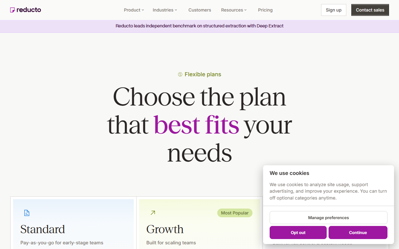 Reducto's pricing page showing the Standard pay-as-you-go plan, the Growth plan marked Most Popular, and a cookie consent banner in the corner