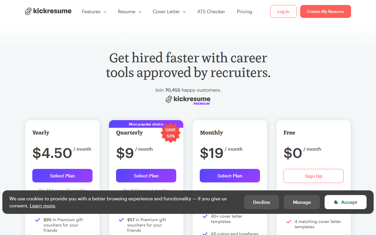 Kickresume's pricing page showing the Free, Monthly, Quarterly and Yearly plans with their per-month cost