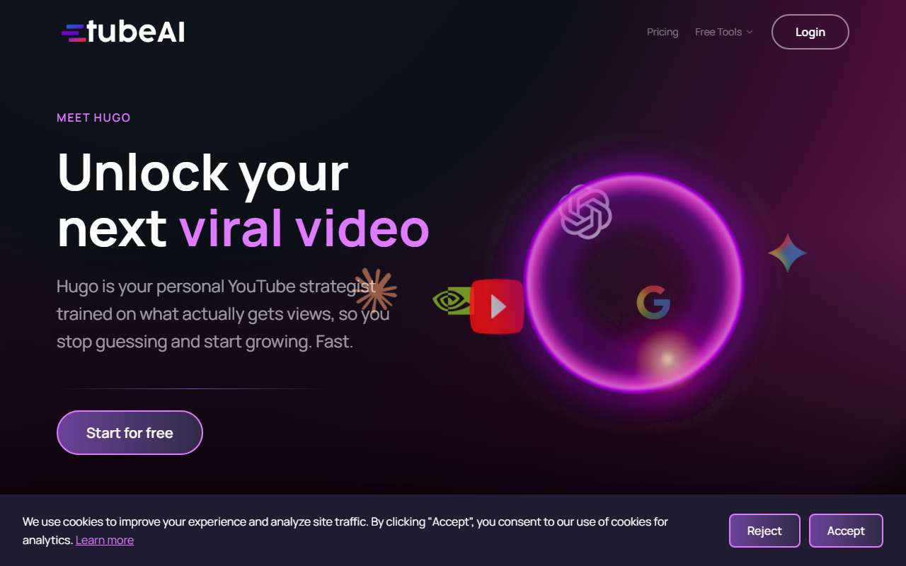 TubeAI's homepage, branded around its "Hugo" YouTube strategist assistant, with the Pricing link visible in the top nav