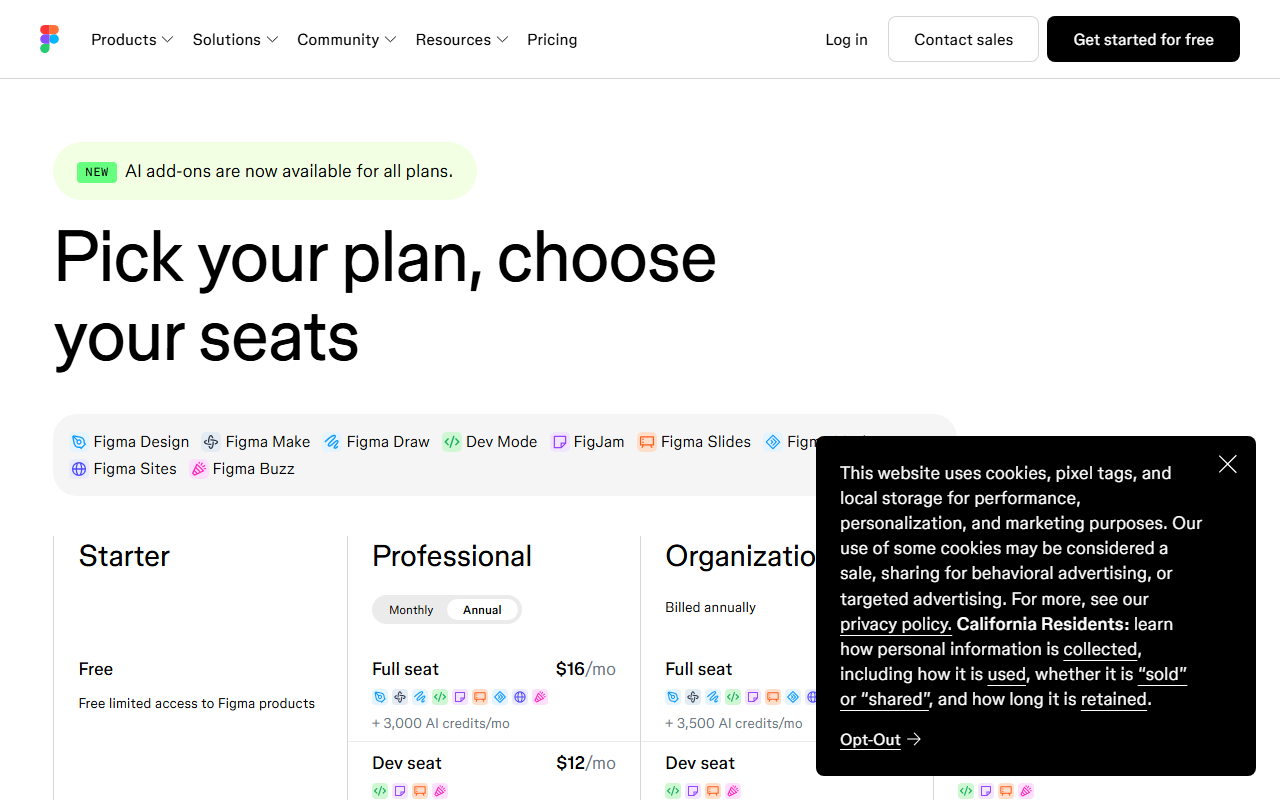 Figma's pricing page showing the Starter, Professional and Organization plans with AI credit allocations listed under each seat type