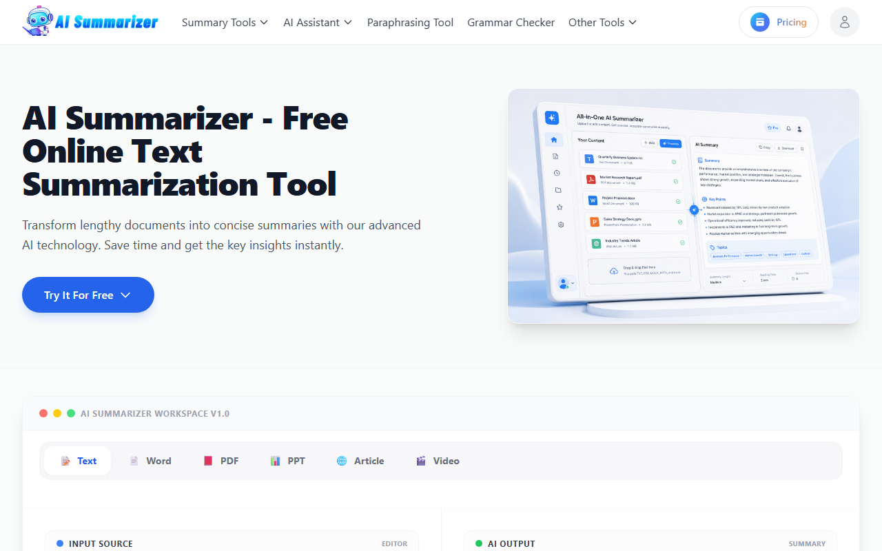 The AI Summarizer homepage showing its multi-format summarizer covering text, PDF, and video inputs under one credit balance