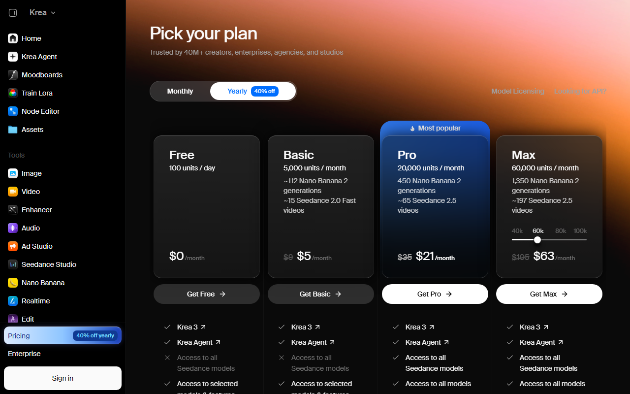 Krea pricing page showing the Free plan with 100 units a day