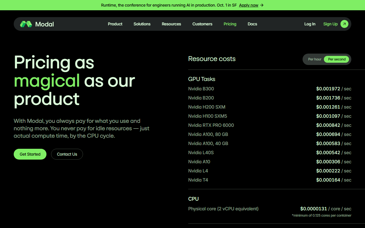 Modal's per-second GPU pricing table, listing rates from Nvidia T4 at $0.000164 per second up to B300 at $0.001972 per second