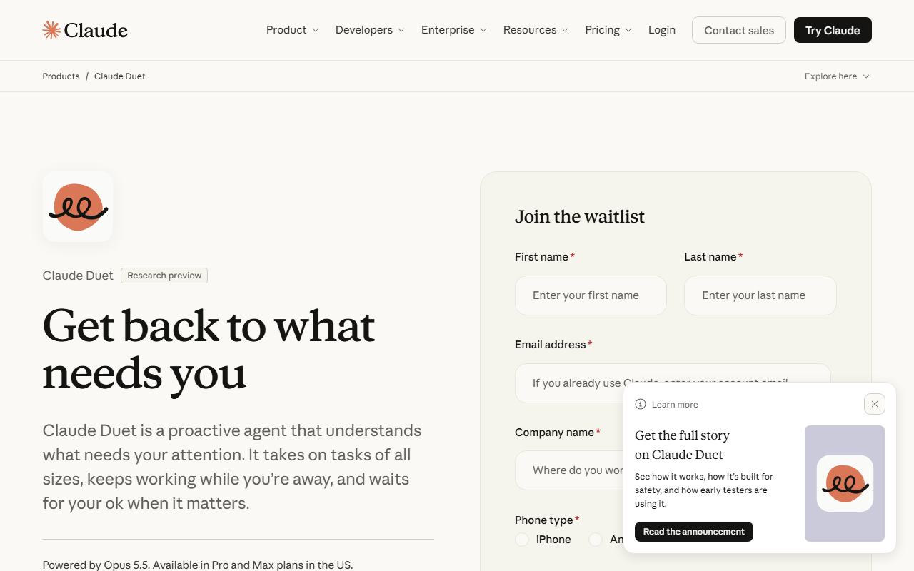 Claude Duet product page with a Research preview badge, a Join the waitlist form, and the line Powered by Opus 5.5, available in Pro and Max plans in the US