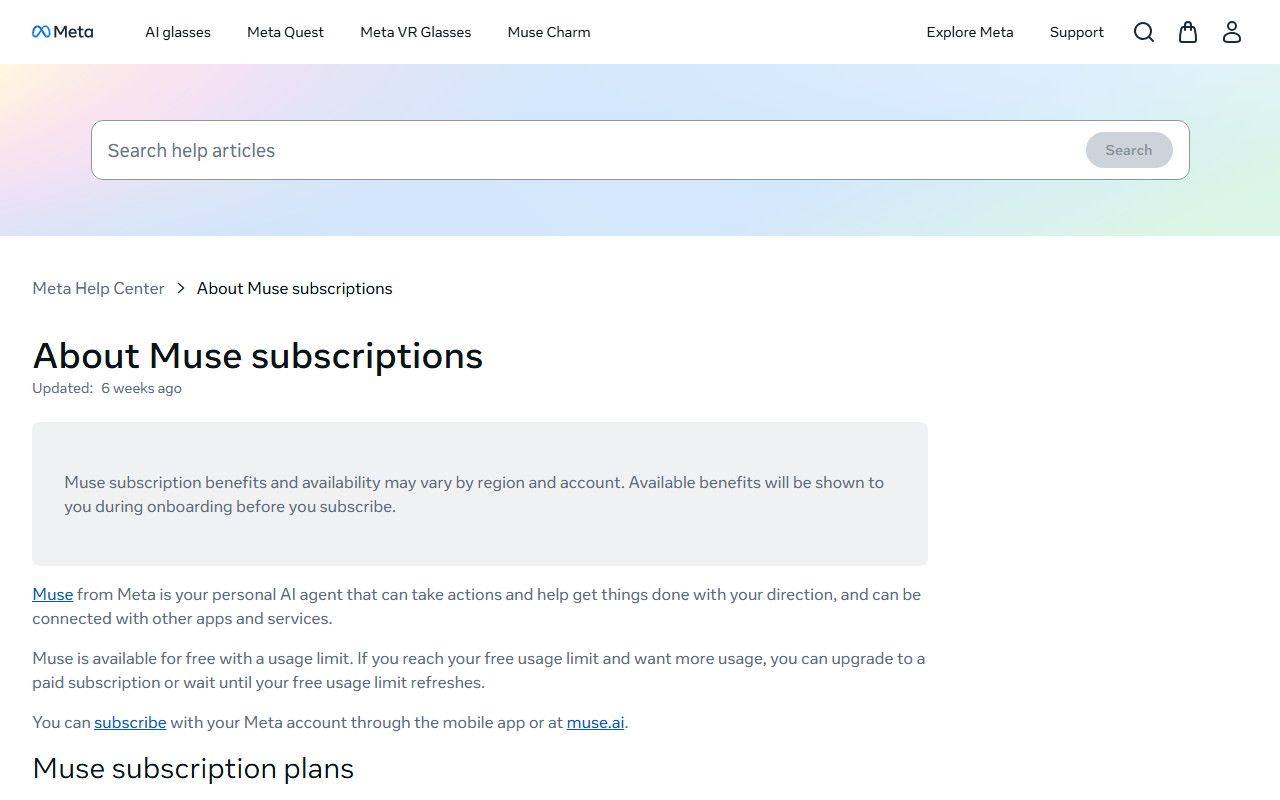 Meta Help Center page About Muse subscriptions stating Muse is available for free with a usage limit that refreshes