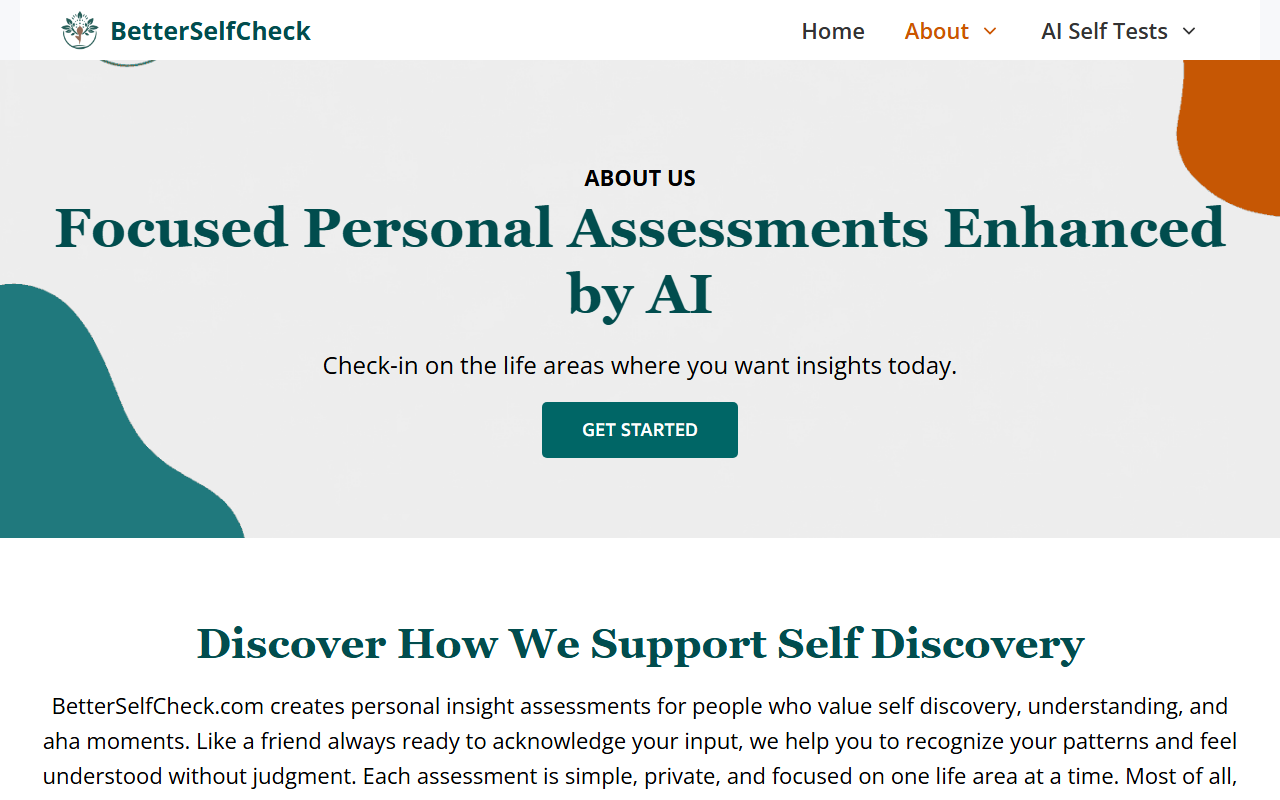 BetterSelf Check's about page describing its six free, login-free self-assessments