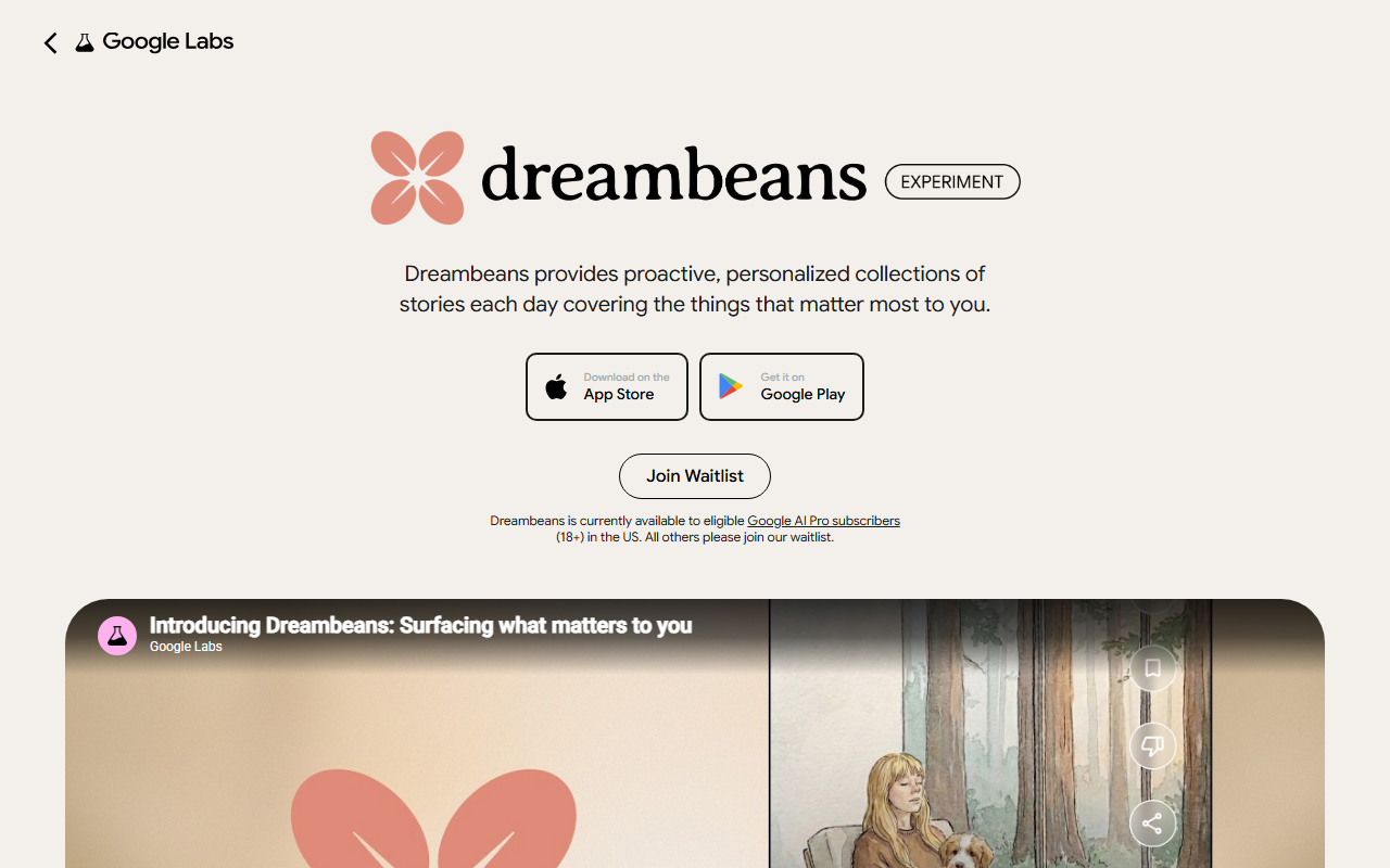 Google Labs' own Dreambeans page, still gating access behind an AI Pro subscription