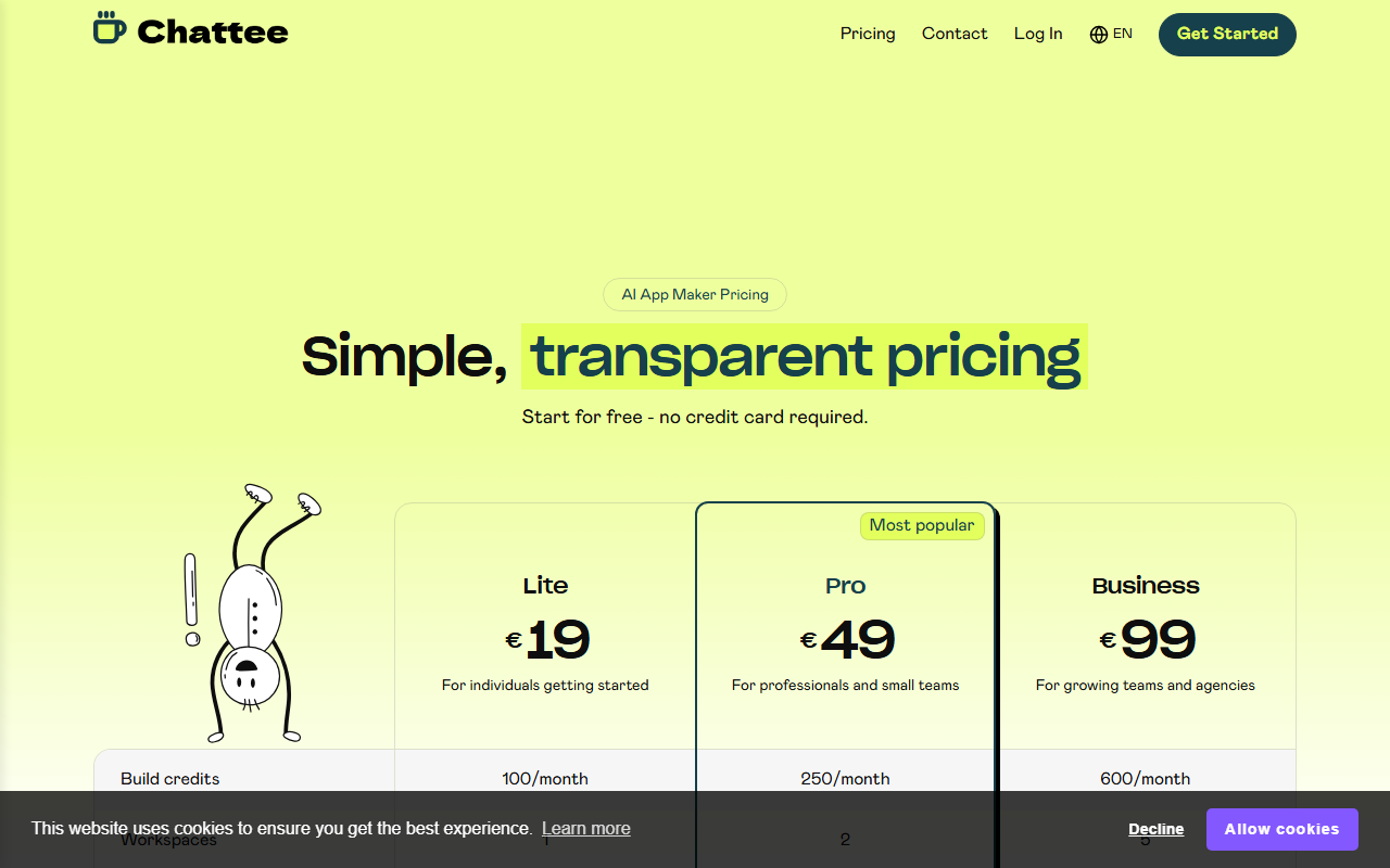Chattee's pricing page showing the Lite, Pro and Business tiers at 19, 49 and 99 euros a month, with build credits and workspace limits listed under each