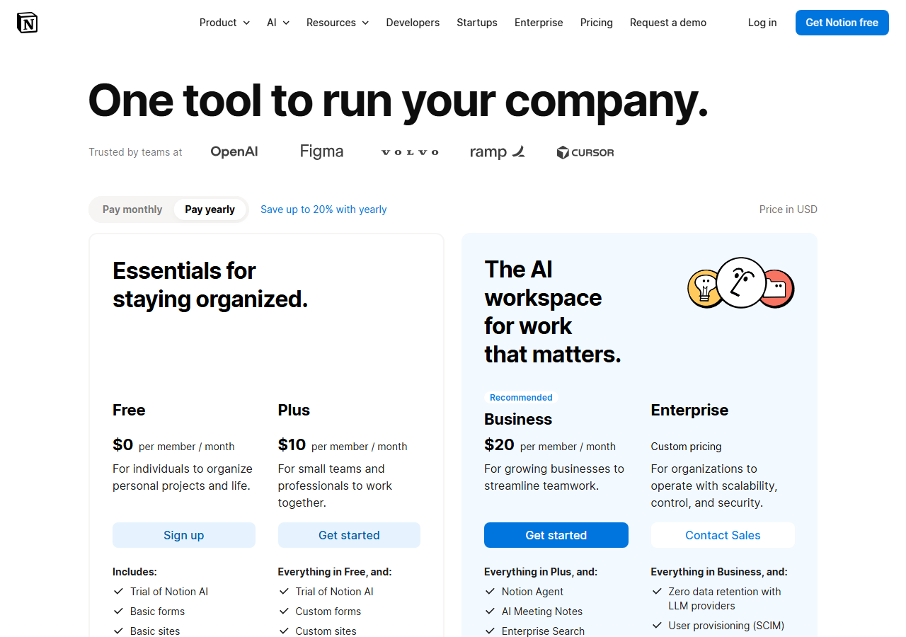 Notion's pricing page showing Free, Plus, Business and Enterprise tiers with per-seat monthly prices