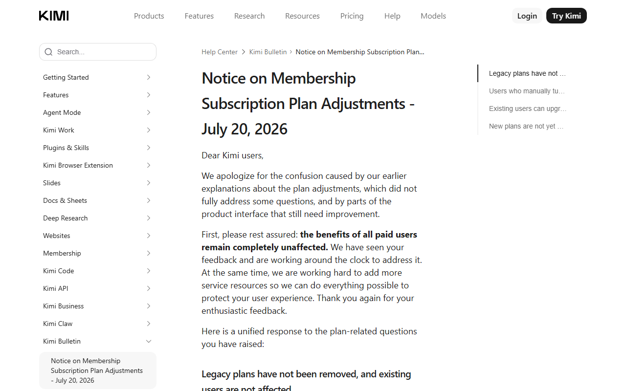 Moonshot's Kimi help center notice confirming new membership sign-ups are still paused