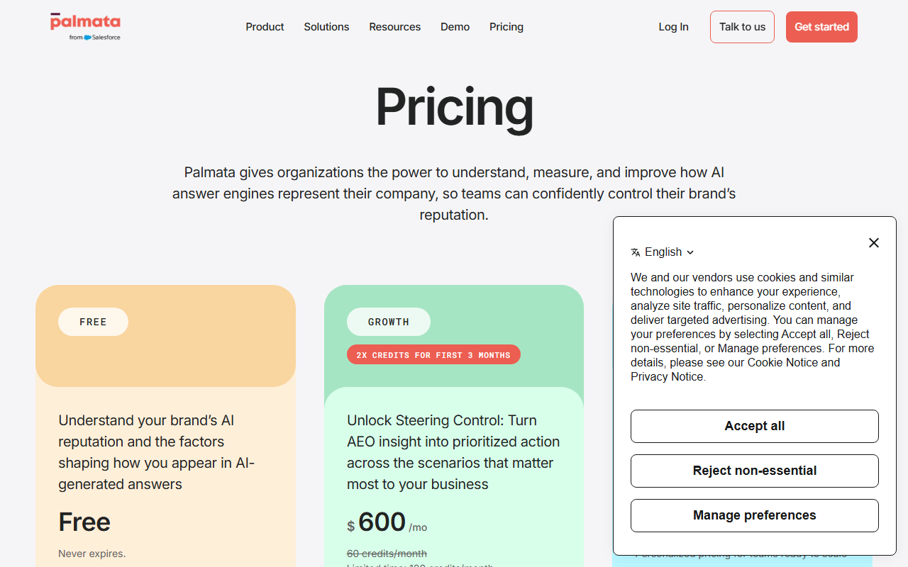 Palmata's pricing page showing the Free and Growth tiers, with the "from Salesforce" tag under the logo and the $600 monthly Growth price