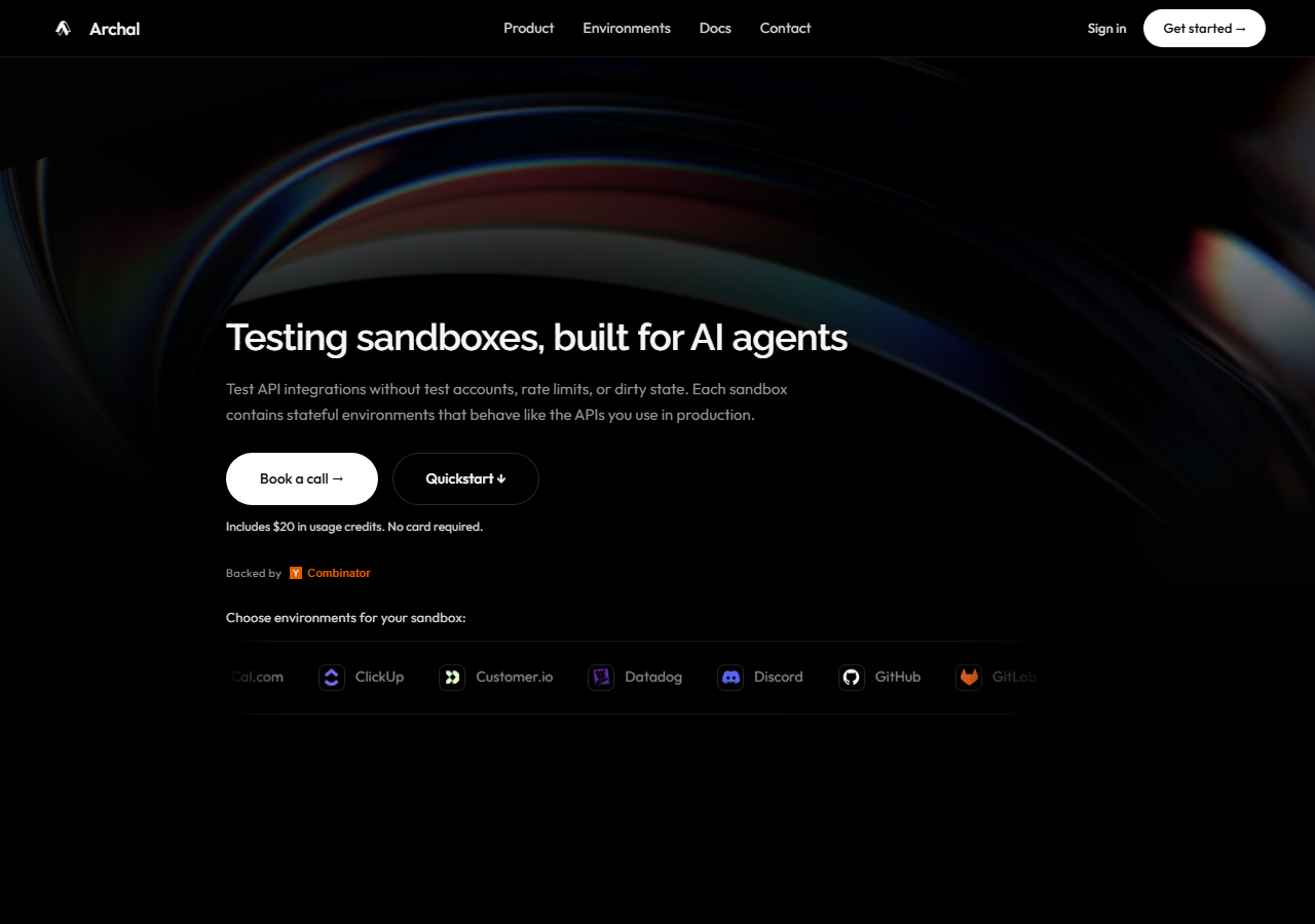 Archal's homepage offering testing sandboxes built for AI agents, with $20 in free usage credits, no card required, and a row of stateful sandbox environments including GitHub, GitLab, Discord and Datadog.
