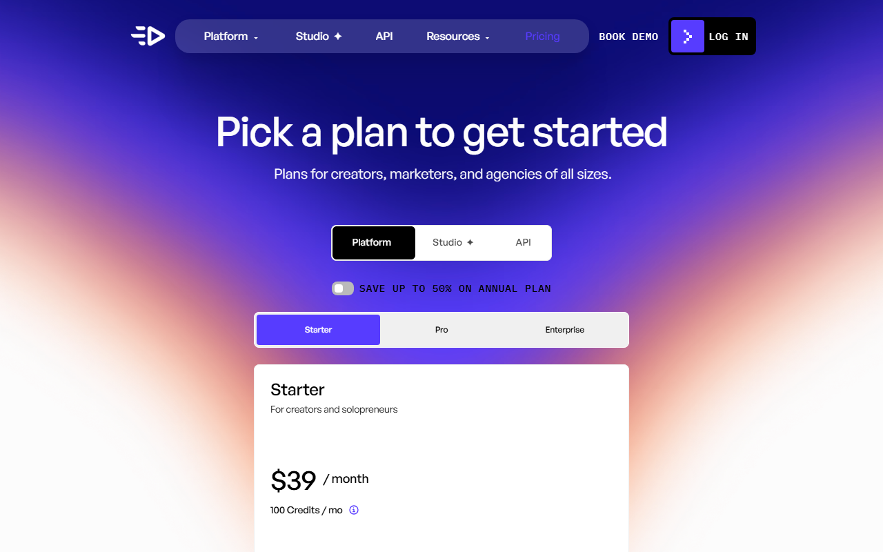 Creatify's pricing page with Starter, Pro and Enterprise tabs, showing the Starter plan at $39 a month for 100 credits