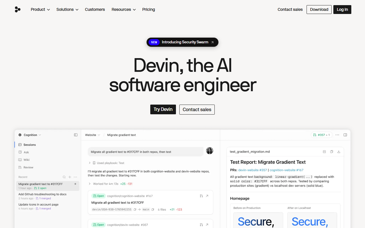 Devin's homepage: the hero still sells one AI software engineer, while the product panel underneath shows a live agent session running against two separate repos