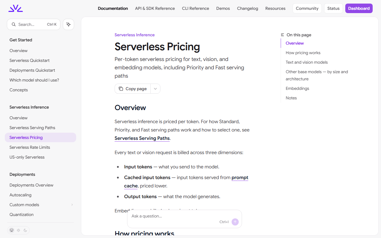 Fireworks' serverless pricing documentation, showing the Standard, Priority and Fast serving paths that set its per-token rates