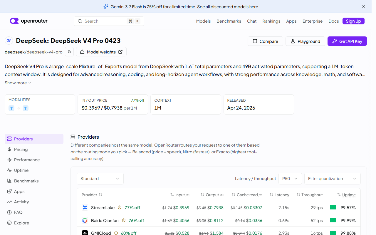 OpenRouter's per-provider pricing table for DeepSeek V4 Pro, listing StreamLake, Baidu Qianfan and GMICloud among cheaper providers, with Fireworks and Together AI matched further down the sorted list