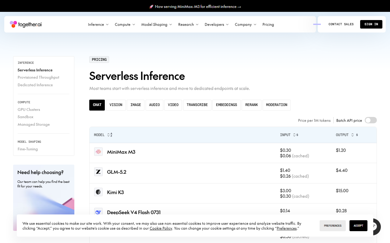 Together AI's live serverless pricing table showing MiniMax M3, GLM-5.2, Kimi K3 and DeepSeek V4 Flash rows with exact per-million-token input and output rates