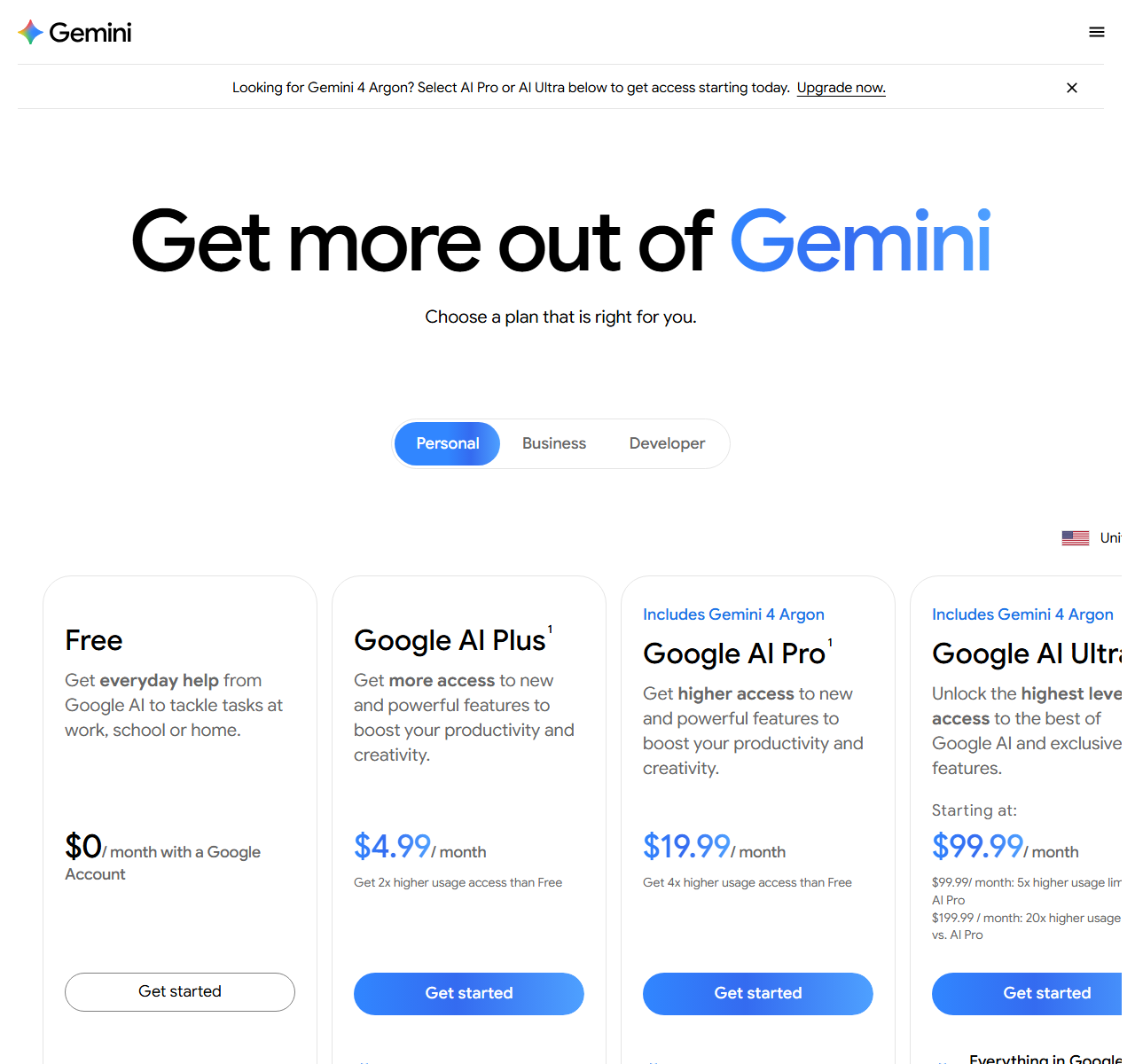 Google's US Gemini subscriptions page listing Free, AI Plus, AI Pro and AI Ultra plans with monthly prices