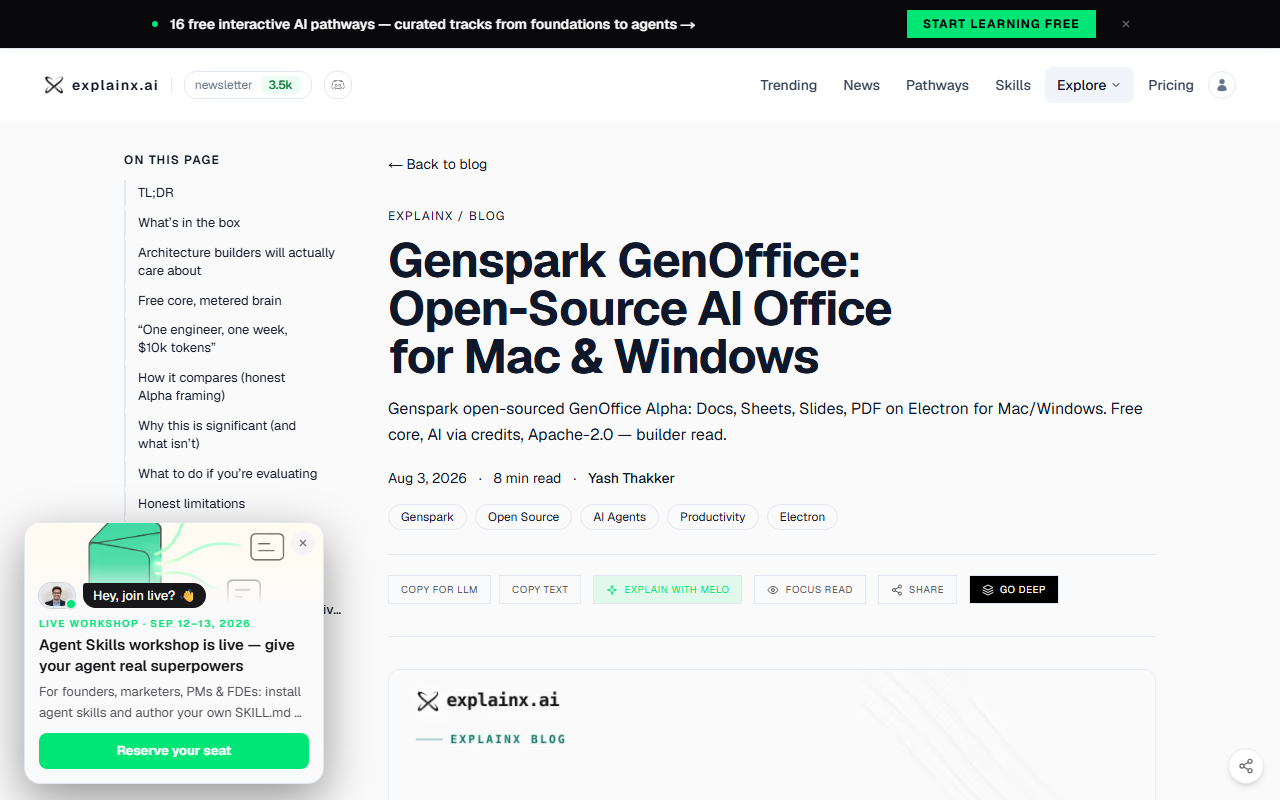 Third-party coverage of Genspark's GenOffice launch, dated August 3, 2026 and tagged Genspark, Open Source, AI Agents and Electron