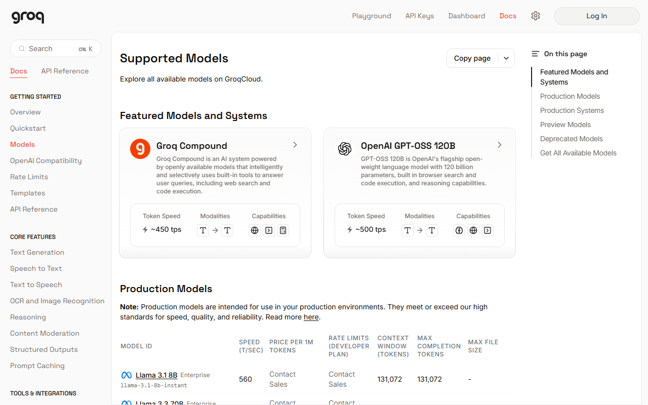 Groq's Supported Models page showing Llama 3.1 8B and Llama 3.3 70B both marked Enterprise with a price column reading Contact Sales, next to GPT-OSS 120B's public speed and capability card