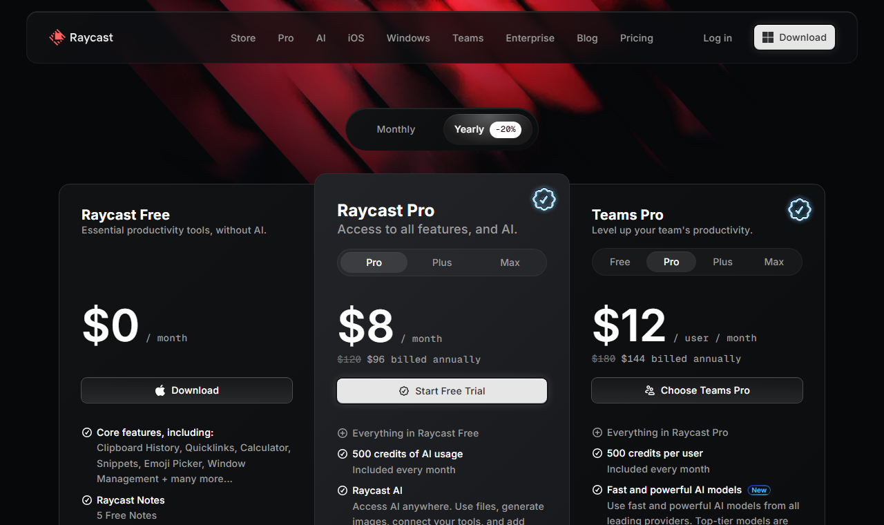 Raycast pricing page on the yearly toggle: Free at $0, Pro at $8 a month with 500 AI credits, Teams Pro at $12 per user