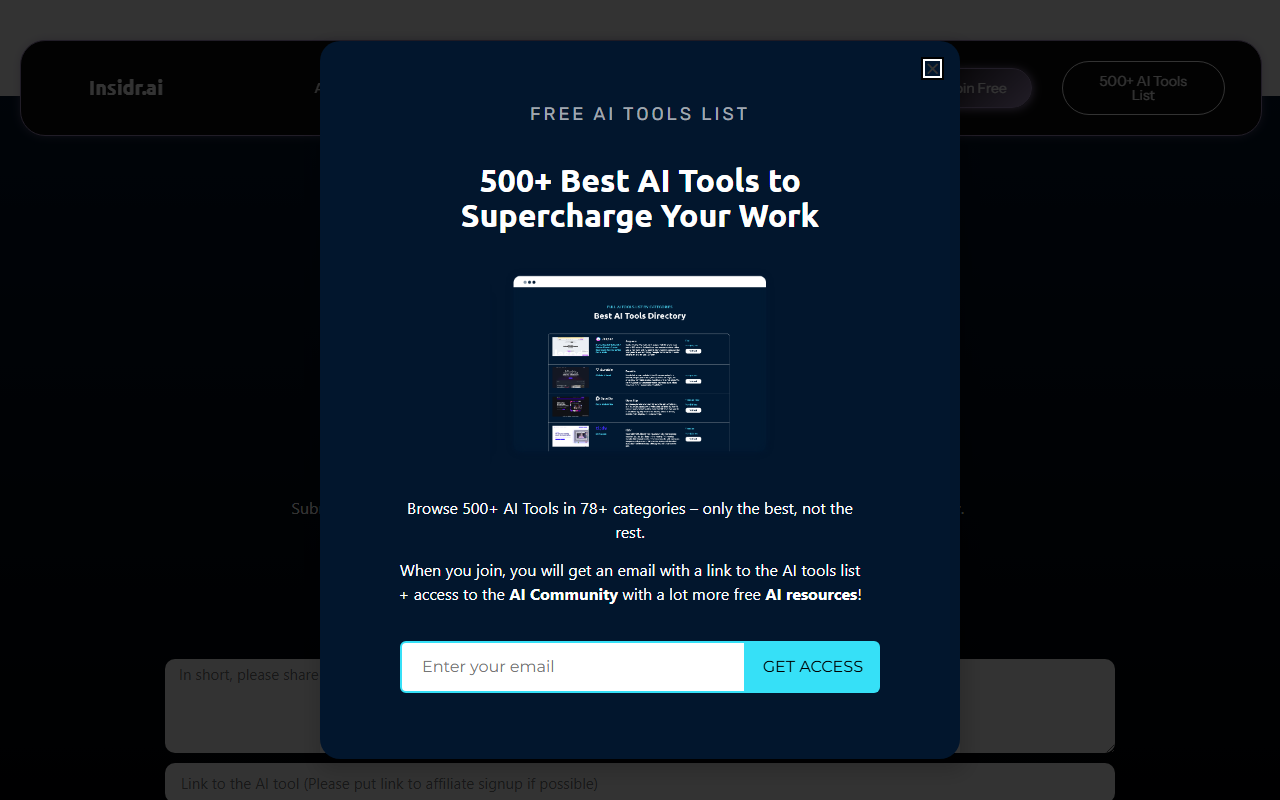Insidr.ai's Submit AI Tools form, with the tool-URL field's placeholder text reading "Link to the AI tool (Please put link to affiliate signup if possible)." Captured September 1, 2026.