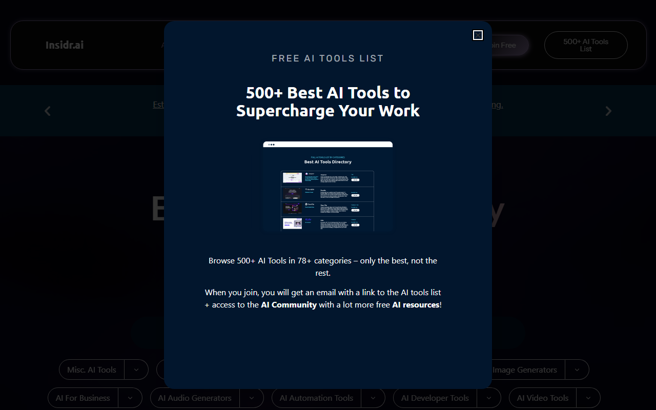 Full-screen email-capture overlay on Insidr.ai's AI Tools Directory page, reading "500+ Best AI Tools to Supercharge Your Work... When you join, you will get an email with a link to the AI tools list," blocking the tool grid behind it. Captured September 1, 2026.
