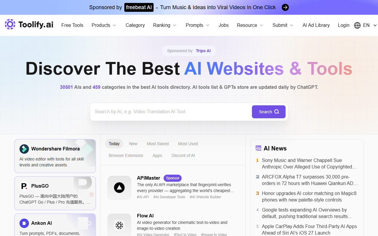 Toolify's homepage stating "30501 AIs and 459 categories in the best AI tools directory. AI tools list & GPTs store are updated daily by ChatGPT."