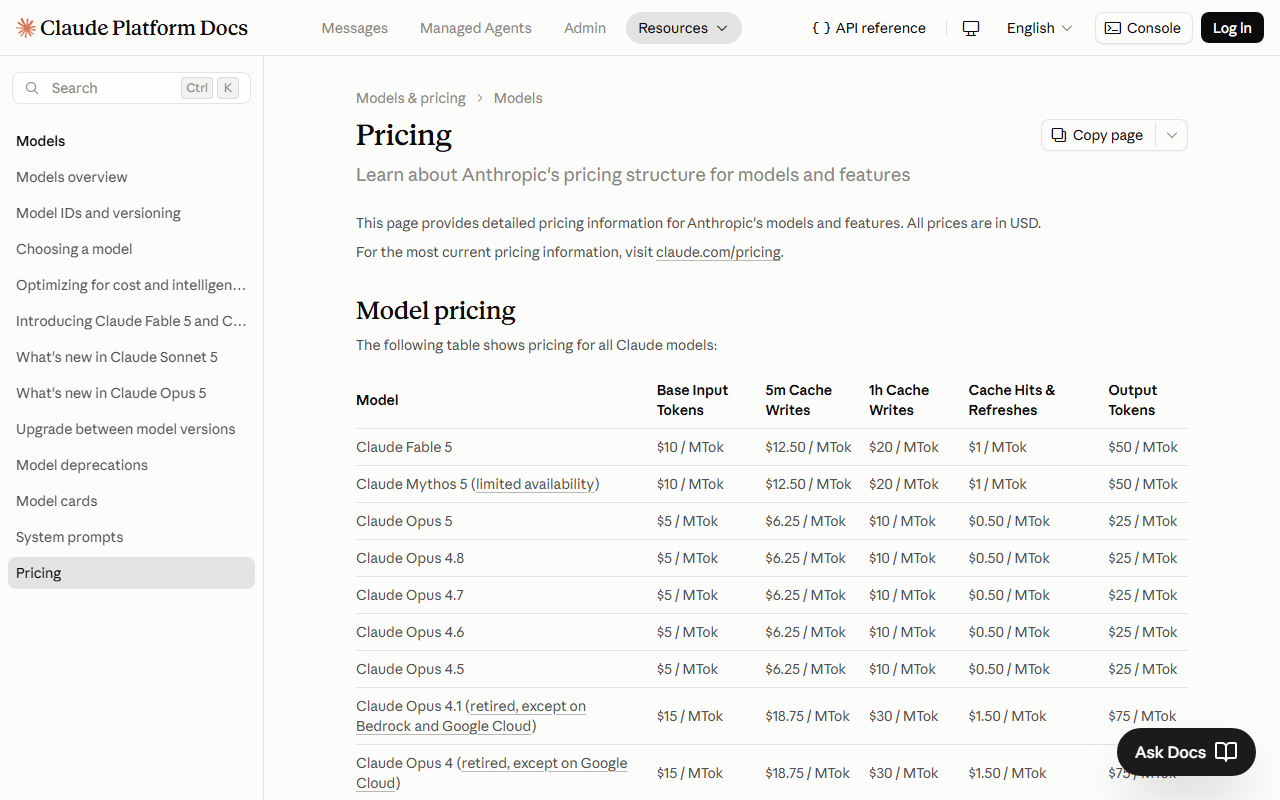 Anthropic docs pricing table showing per-token rates for every Claude model, from Fable 5 at $10/$50 per million tokens down to Opus at $5/$25