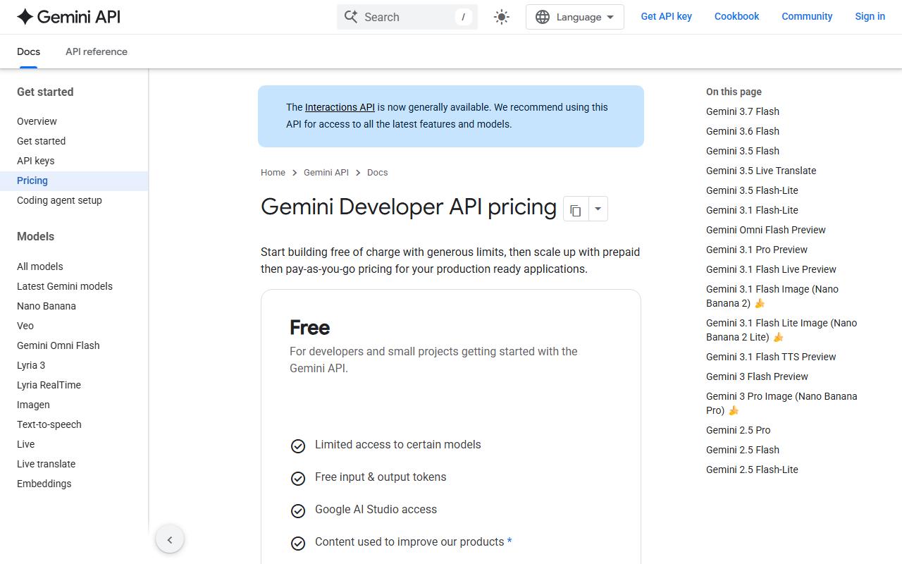 Gemini Developer API pricing page, leading with a free tier that includes free input and output tokens and Google AI Studio access