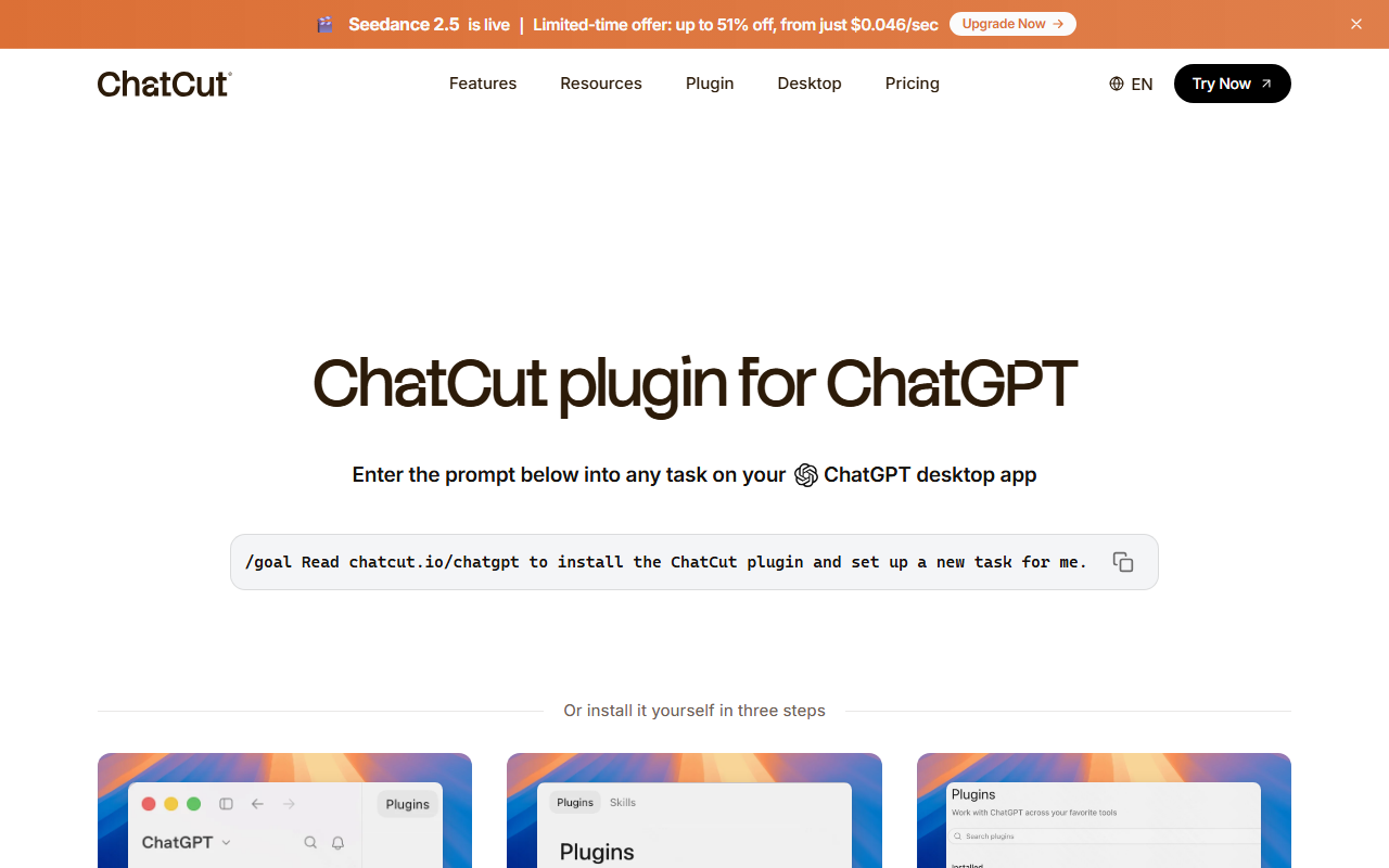 The ChatCut plugin for ChatGPT page, with its install prompt box and the start of the three-step manual install section