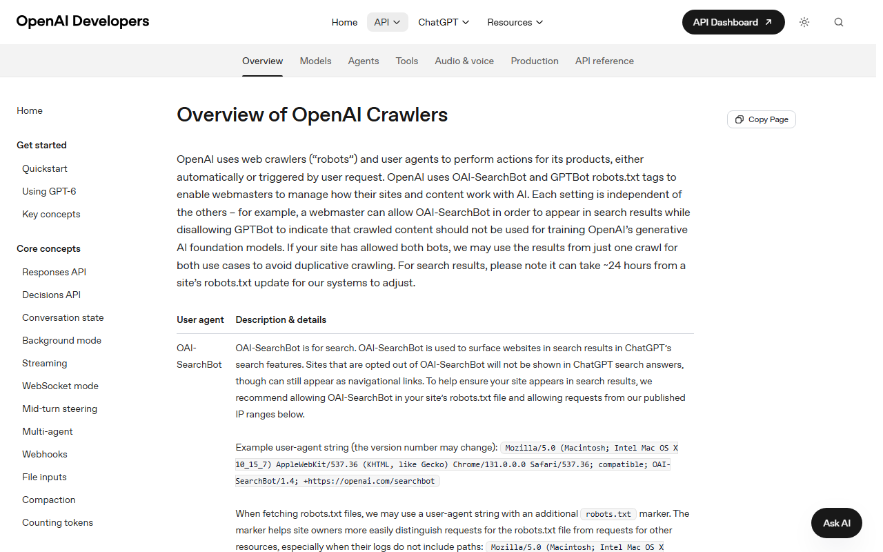 OpenAI's crawler documentation describing OAI-SearchBot and the opt-out from ChatGPT search answers