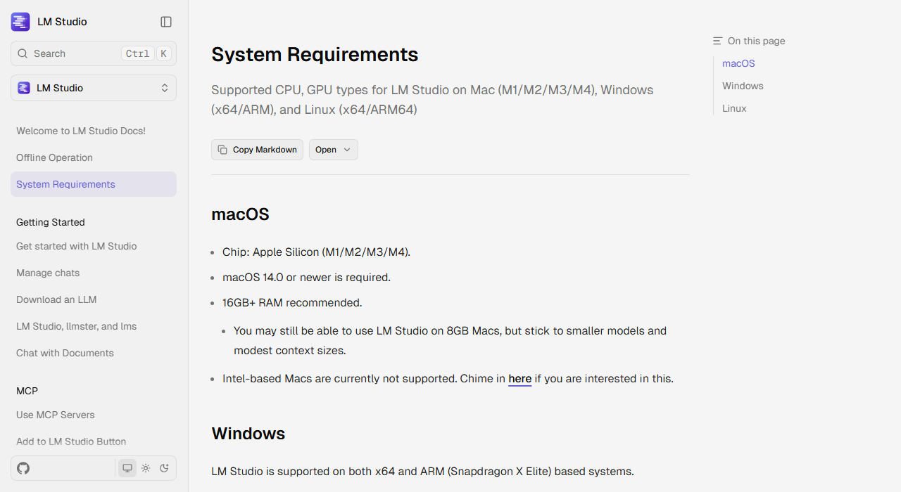 LM Studio's system requirements page listing a 16GB RAM recommendation for Macs, with a note that 8GB machines should use smaller models.