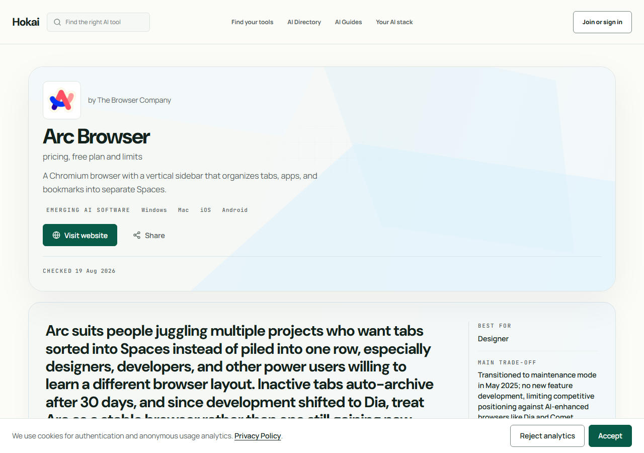 HokAI's Arc Browser tool page, with a "Main trade-off" panel reading "Transitioned to maintenance mode in May 2025; no new feature development, limiting competitive positioning against AI-enhanced browsers like Dia and Comet"