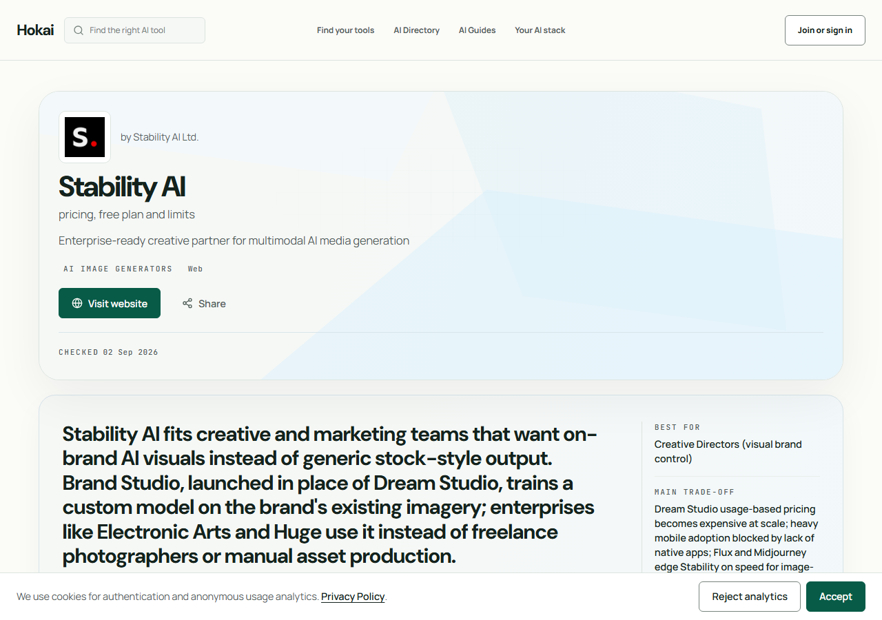 HokAI's Stability AI tool page, with a "Checked 02 Sep 2026" badge and body text describing Brand Studio as launched in place of Dream Studio