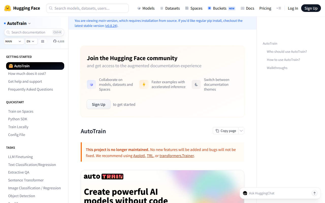 Hugging Face's AutoTrain documentation page with a red-bordered notice reading "This project is no longer maintained. No new features will be added and bugs will not be fixed. We recommend using Axolotl, TRL, or transformers.Trainer"