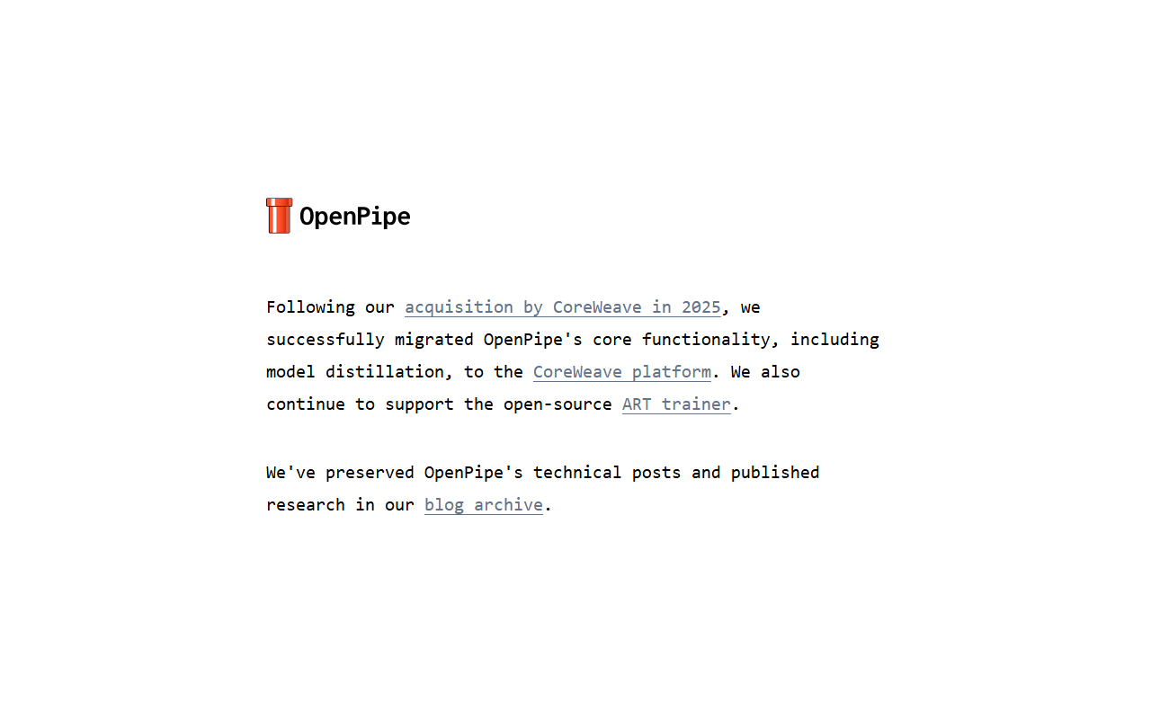 openpipe.ai's entire homepage in August 2026: a logo, one paragraph explaining the CoreWeave migration, and a link to a blog archive, with no signup or pricing UI anywhere on the page