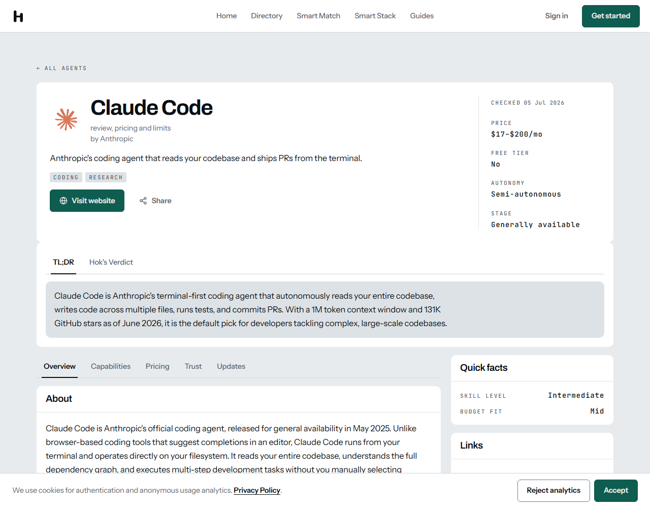 The HokAI page for Claude Code as an agent, header strip showing autonomy semi-autonomous and stage generally available.