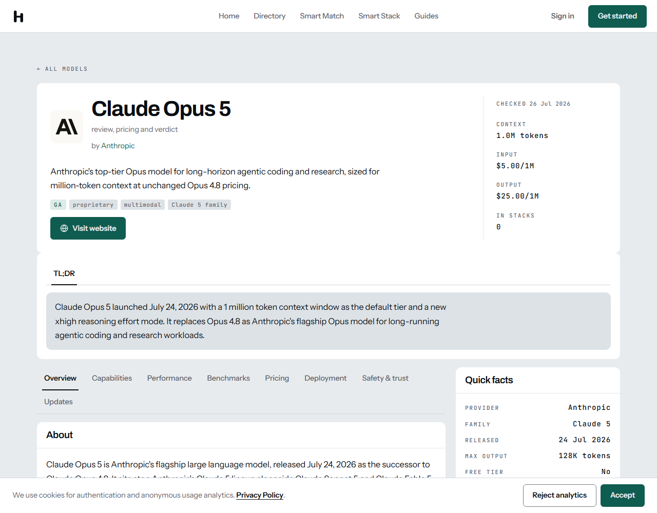The HokAI page for Claude Opus 5 showing a header strip with context 1.0M tokens, input $5.00 per 1M, output $25.00 per 1M, and quick facts listing 128K max output.